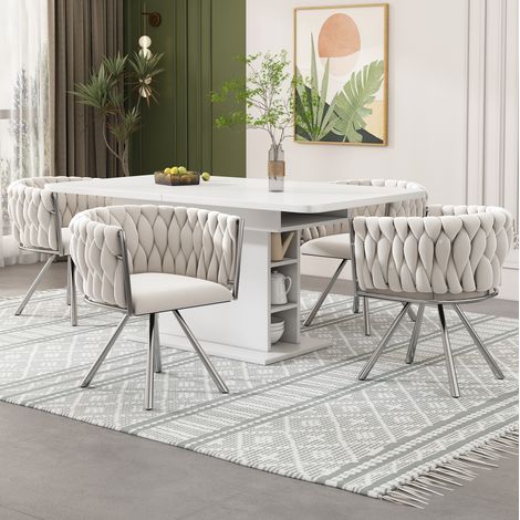 Chaises de salle à manger pivotantes, lot de 4, en velours beige et métal HAVRYA (1/5)