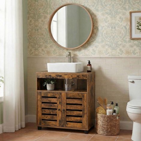 Meuble sous Lavabo, étagère réglable avec portes persiennes, armoire de rangement salle de bain, marron (1/5)
