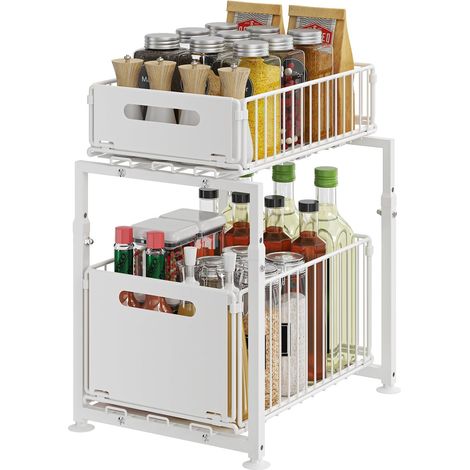 Rangement sous Evier 2 Niveaux Organisateur de Cuisine en Métal étagère à épices Organiseur Coulissant (Blanc, Modèle-A) (1/5)