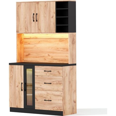 Hoher Küchenschrank 105 x 40 x 180 cm aus MDF in Schwarz-Holzoptik mit LED und EU-Steckdosen (1/5)