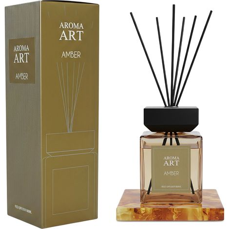 XXL Raumduft im eleganten Glasflacon 800 ml - Amber- Große stilvolle Duftvase mit 6 Diffuser Sticks