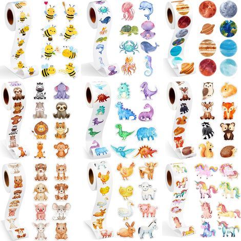 500 feuilles/rouleaux d'autocollants en forme de dinosaures et de créatures marines, parfaits pour décorer des boîtes cadeaux et des étiquettes. (1/2)