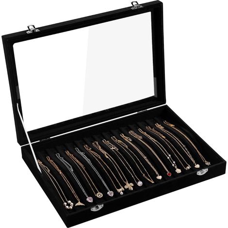 15 ganchos - Bandeja de terciopelo - Organizador de cuello con tapa transparente - Con cerradura - Caja de joyería - Organizador de joyas para colgantes, collares, bandeja de joyería (1/5)