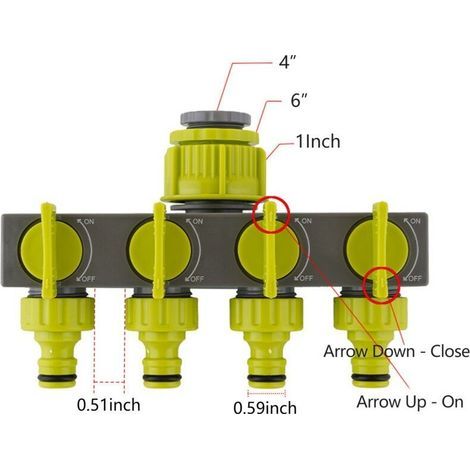 4-way garden hose splitters, tap diverter, tap connector, with individual on/off switch, for outdoor sprinkler irrigation systems (1/5)