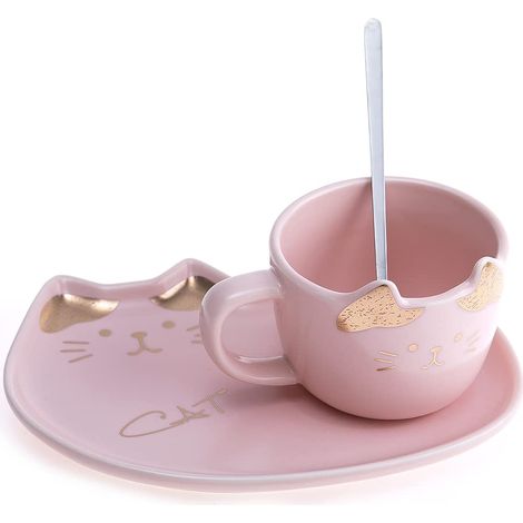 Tasse Chat - Support Chat et Cuillère - Rose et Doré - Porte-Bonheur du Japon - Culture Nipponne - Décoration Japonaise - Idée Cadeau Japon Asie (1/4)