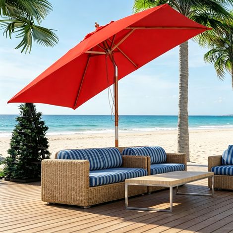 Sombrilla de jardín rectangular basculante de 200x150x235 cm, con mástil desmontable, de bambú y poliéster rojo. (1/5)