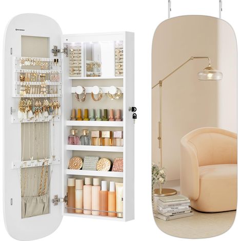 Armoire à Bijoux, Miroir Mural avec LED et Serrure, Miroir Psyché avec Plusieurs Compartiments, pour Boucles d’Oreilles, Colliers, Surface Blanche et Doublure Grise Beige JJC026W01 (1/5)