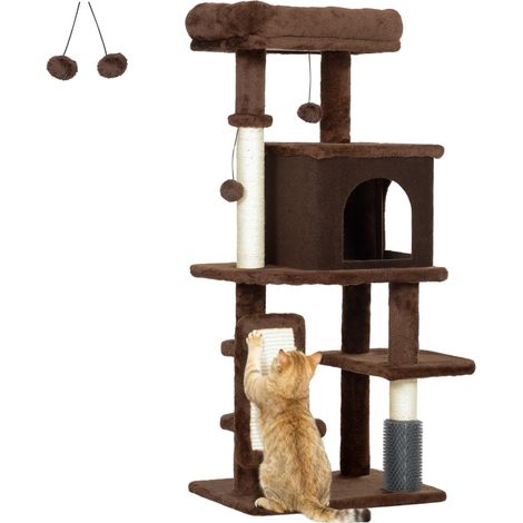 Kratzbaum für Katzen, 104 cm, mit Plattformen, Stamm mit Bürste, Hängebällen und Kratzkissen, braun
