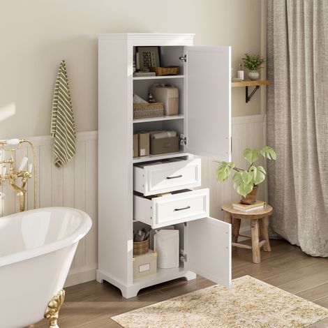 Mobile bagno colonna in MDF bianco 60 cm con 2 cassetti, 2 ante e ripiani regolabili