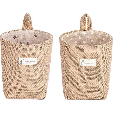 2 sacs pliables suspendus, panier de rangement en coton et lin pour jouets, maquillage, clés, petits objets (1/5)