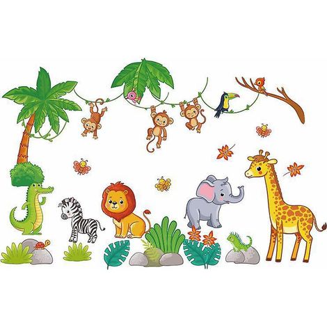 stickers Muraux Animaux De La Jungle Autocollant Mural Girafe Lphant Singe Dcoration Murale Chambre Enfants Bb Ppinire Salon (1/3)
