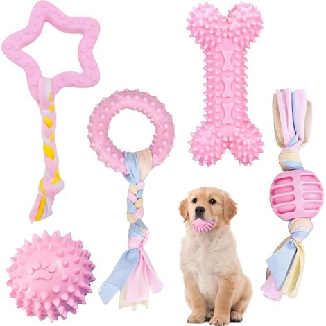 5pcs Jouets à Mâcher pour Chiots, Jouet de Dentition pour Chien avec Cordes, Soulage Efficacement Douleur L'inconfort Causés Gencives Enflées (Rose) (1/5)