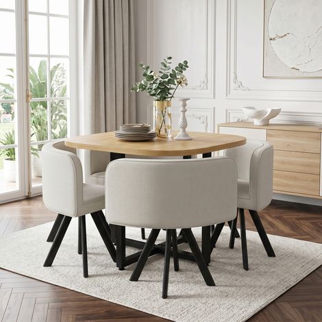 Ensemble table et chaises 4 personnes 85x85 cm, table repas avec 4 chaises tissu lin, cuisine et salle à manger, Chêne et Beige