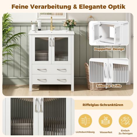 Meuble sous vasque autoportant 61 cm blanc laqué brillant, vasque céramique intégrée, portes en verre cannelé, tiroirs de rangement, poignées argentées, sans robinet (1/5)