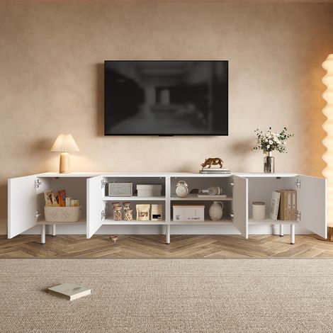 Meuble TV avec lignes courbes 3D, quatre portes à ouverture push sans poignée fabrication panneau PB et MDF, pieds cylindriques métalliques, meuble bas moderne pour salon (1/4)
