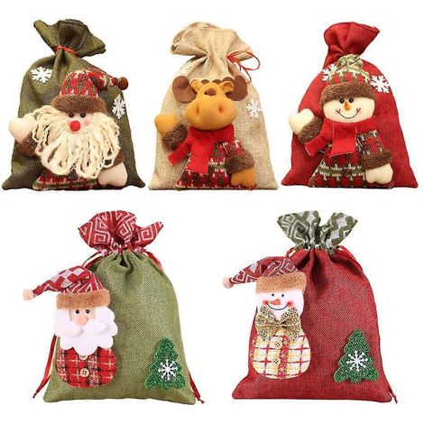 Lot de 5 pochettes cadeaux de Noël avec cordon de serrage - Fournitures de fête (1/5)