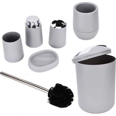 Lot 6 pièces salle de bain hôtel poubelle chrome gobelet brosse à dents porte-savon ensemble toilette gris (1/5)