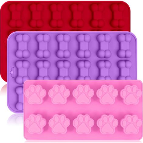 Lot de 3 moules à glaçons en silicone en forme de patte de chiot et d'os, réutilisables pour la cuisson de chocolats et de bonbons, compatibles four, micro-ondes, congélateur et lave-vaisselle - Rose,