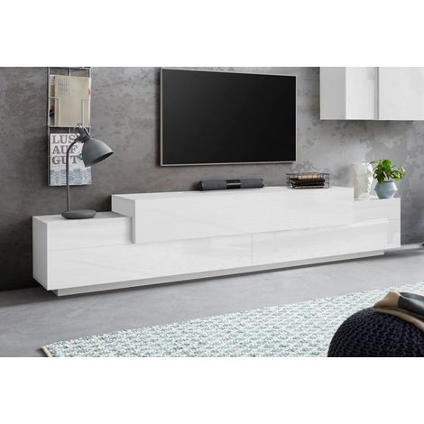 Meuble TV moderne 240 cm blanc laqué brillant Corso (1/4)