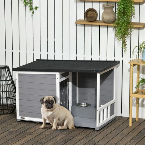 Cuccia per cani con terrazza in legno di abete, tetto bitumato, grigio, 103 x 62 x 60/66 cm HAVRYA (1/3)
