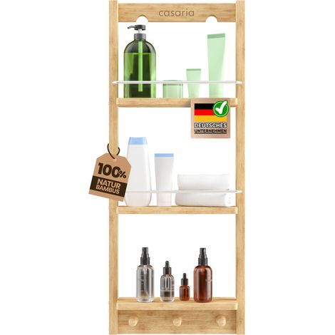 CASARIA® Duschregal zum Hängen Bambus 3 Ablagen 3 Haken 70x29x10cm Duschablage Hängend Badregal Hängeregal Dusche Holz