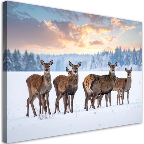 Impression sur Toile, Troupeau de cerfs dans un paysage hivernal,30x20 (1/4)