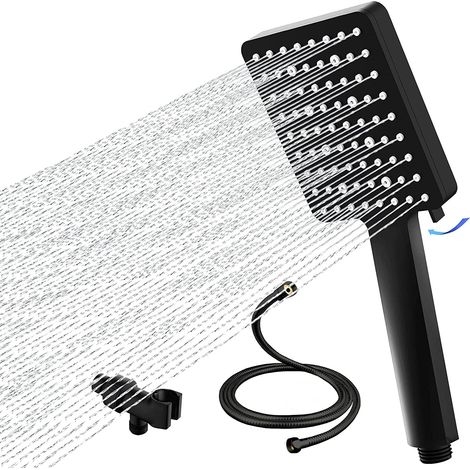 Douchette carrée avec booster 6 fonctions, pommeau de douche européen et américain, kit douchette 6 vitesses noir mat (pommeau de douche + flexible de 1,5 m + support). (1/4)