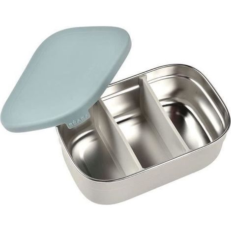 BEABA, Brotdose aus Edelstahl für Kinder, Silikondeckel und Schutzhülle, Samtgrau und Blau (1/3)