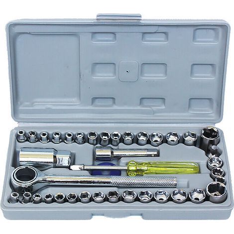 Socket Wrench Set, 1/4" and 3/8" Sockets and Sets, with Quick Reversible Ratchet Wrench, Screwdriver Bit, Extension Bar, 40 Pieces, Silver (1/5)