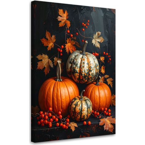 Stampe su Tela, Composizione autunnale con zucche decorazione in colori caldi su sfondo scuro, 20x30 (1/5)