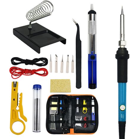 Kit de 15 piezas para soldar con bolsa de almacenamiento, soldador manual de 60 W, temperatura ajustable, calentamiento rápido, soldador eléctrico con núcleo cerámico, herramienta de soldadura para re (1/2)