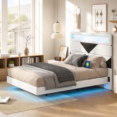 Lit flottant 160x200 cm velourrs, lit rembourré blanc noir avec LED, prise USB Type-C, sommier à lattes, cadre suspendu moderne facile à monter pour chambre adulte