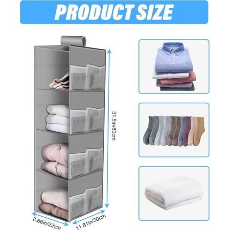 Hängender Kleiderschrank-Organizer für 4 Kleiderebenen, 80x30x22cm, waschbarer, hängender Aufbewahrungsstoff, Kleiderschrank-Organizer, Hängeregal (Grau) (1/4)