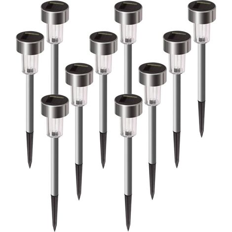 Lot de 10 lampes solaires d'extérieur étanches en acier inoxydable pour patio, pelouse, cour et paysage (blanc) (1/4)