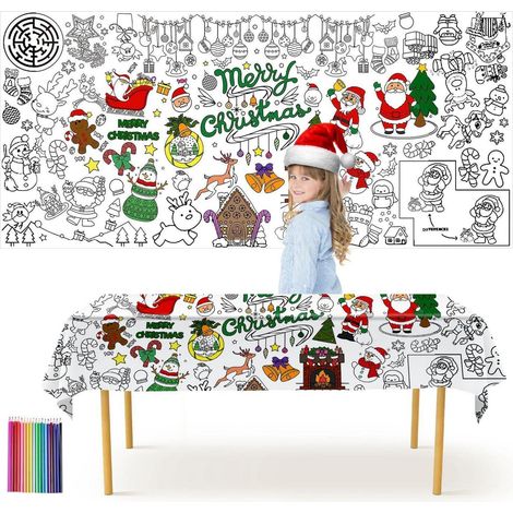 Nappe à colorier Noël 183x90cm avec 18 crayons de couleur, nappe en papier DIY pour enfants