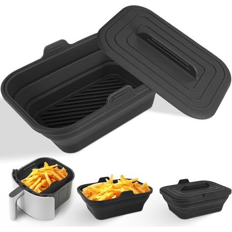 Inserto pieghevole in silicone per friggitrice ad aria (20,8 cm) con coperchio, accessorio riutilizzabile per friggitrice ad aria, per modelli da 5,8-8 litri, nero. (1/5)