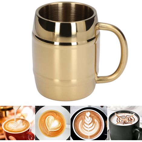 Tasse à café, chope à bière ou tasse à thé en acier inoxydable à double paroi plaqué or, anse résistante à la chaleur, 420 ml (1/5)