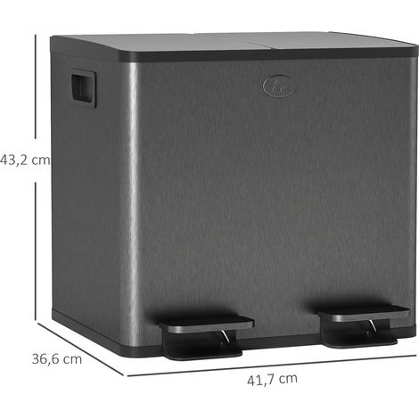 poubelles doubles de 15 L, ouverture à pédale, faciles à nettoyer, en acier inoxydable et plastique, noires. (1/5)