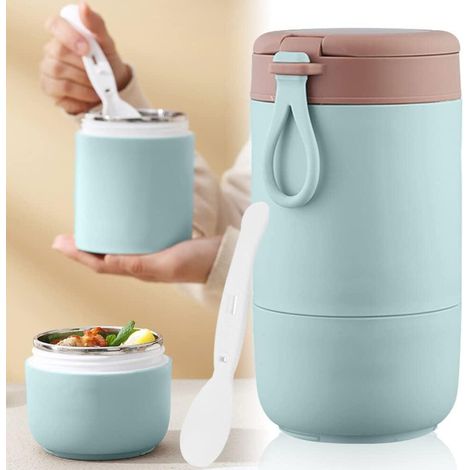 Taza isotérmica de acero inoxidable 304, de doble pared, ideal para el desayuno, con cuchara incluida, apta para estudiantes y viajeros, 800 ml, libre de BPA, a prueba de fugas, color azul. (1/5)