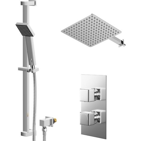 Cubix Polished Chrome Concealed Twin Thermostatic Shower Valve with Diverter and 300mm Square Head with 345mm Wall Arm and Thames Slide Rail Kit - 2 Outlet (1/5)