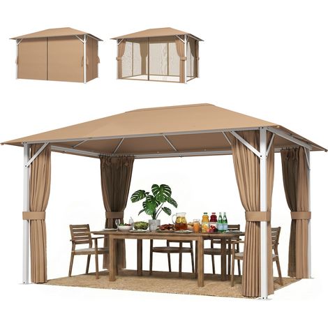 Tonnelle de Jardin Pavillon Structure Stable en Métal 60mm Protection UV50+ et 10 Trous de Drainage 394x294x255cm Khaki (1/5)