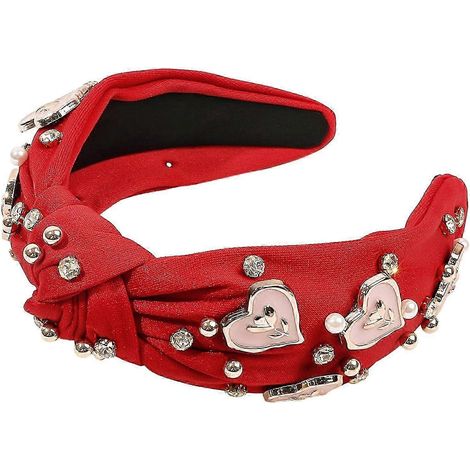 Damen-Haarband zum Valentinstag mit Herzanhänger und Strassverzierung, breites, elastisches und rutschfestes Band aus Stoff mit Knoten.-Red (1/5)