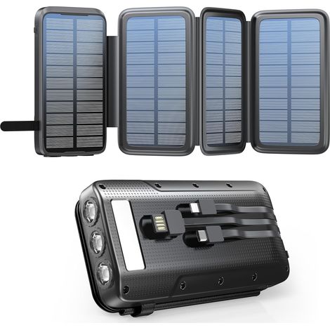 Batterie Externe Solaire 20000mAh 22,5W Chargeur Portable USB-C 4 Panneaux 3 USB C Câble Charge Rapide et étanche Power Bank Solaire avec 3 LED pour Solaires Smartphones Tablettes Camping (1/5)