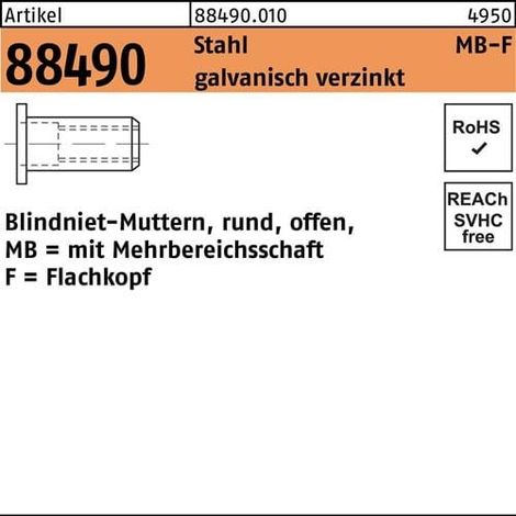 Tuerca  remachable  ciega  R  88490  FLAKO  M6/0,5  -  6,0  acero  galvanizado  500  piezas (1/2)