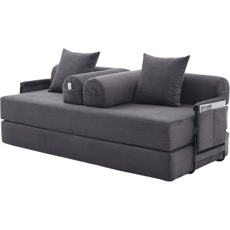Canapé-lit pliable gris foncé avec structure métallique robuste, poches latérales & 3 coussins – salon, studio, chambre ou espace restreint (1/4)