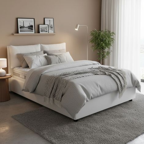 Talamo Italia Cama matrimonial Rita, Cama contenedor con revestimiento de tela, 100% Made in Italy, Apertura frontal, con colchón 160x190 cm incluido, Blanco, con embalaje reforzado (1/5)