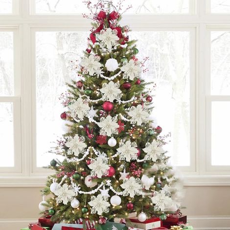 Lot de 10 décorations de Noël, Fleurs de Noël artificielles pailletées avec pinces, Décorations pour sapin de Noël, Couronne de Noël, φ16 cm (1/4)