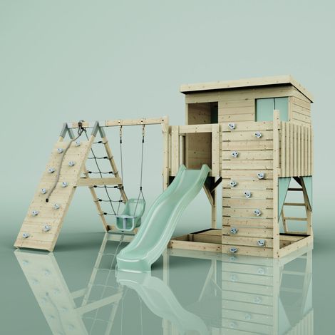Polarplay – Tour de jeux Emil vert 415 x 396 cm – Balançoire bébé – Mur d'escalade – Hauteur plateforme 120 cm – Poids max 50 kg (1/5)