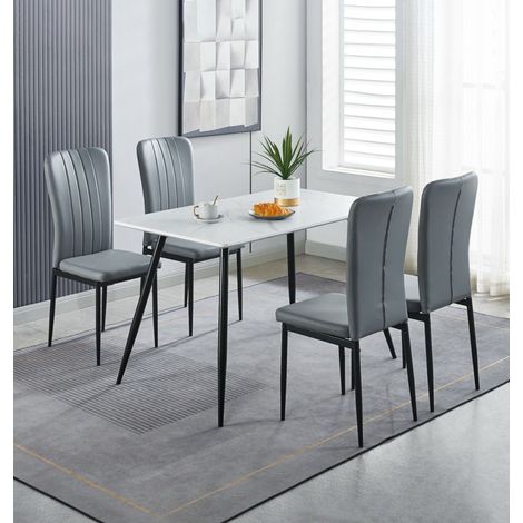 Hallowood Furniture Cullompton Small Dining Table and Chairs Set 4, Grey Faux Leather Dining Chairs Set of 4 and Table in Rectangular White Marble Effect Top for Modern Home or Café (1/5)