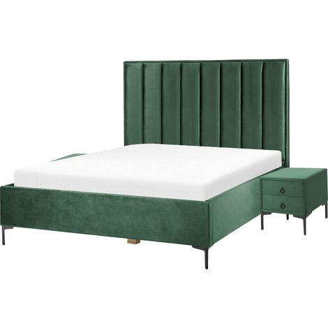 Conjunto de dormitorio moderno cama 160 x 200 cm dos mesitas de noche tapizado terciopelo verde oscuro Sezanne (1/5)
